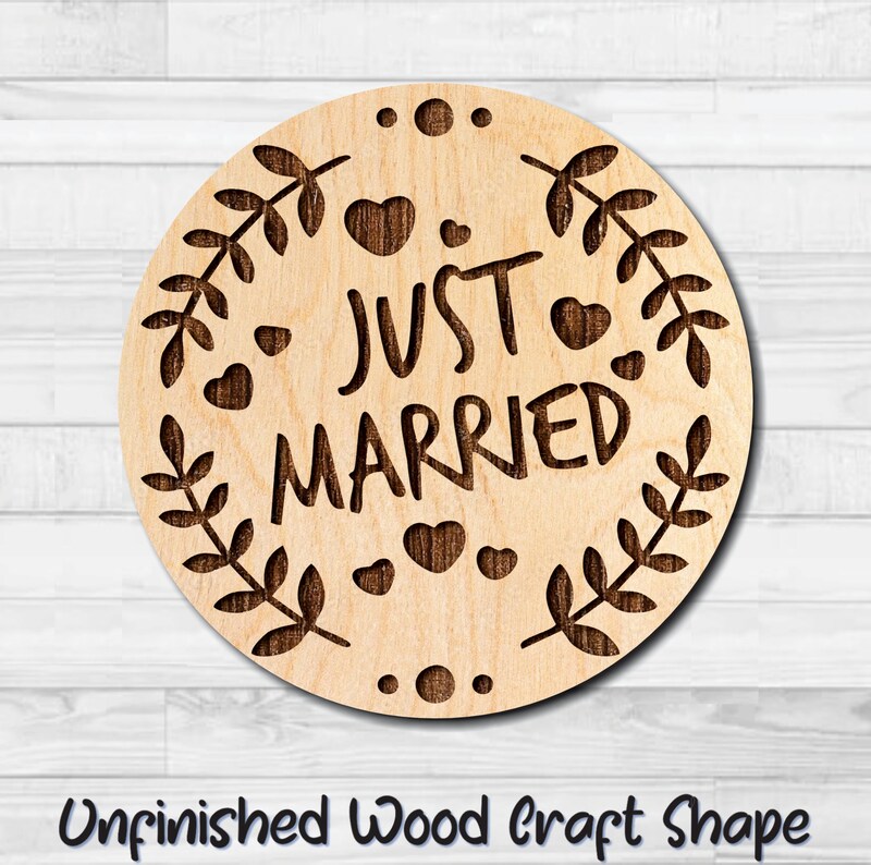 Just Married Hearts Badge Unfinished Wood Shape Blank Laser Engraved Cut Out Woodcraft Craft Supply WED-003